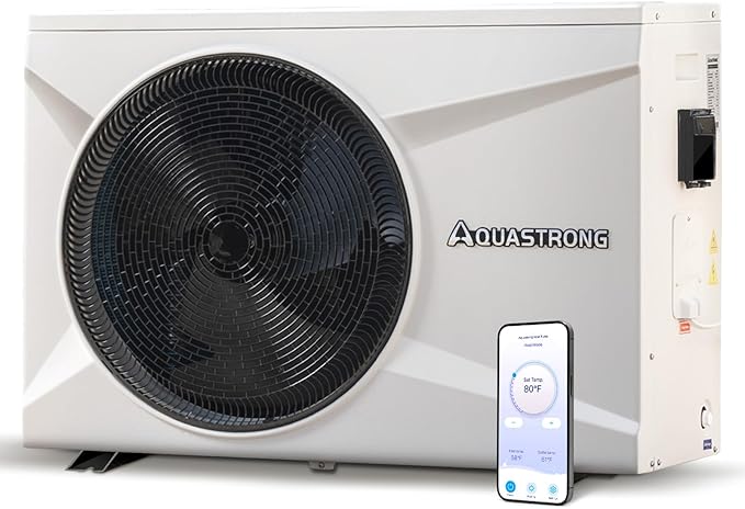 Aquastrong Inverter Swimming Pool Heat Pump, 22,000 BTU 7,000 Gallons Electric Pool Heater for Above Ground and Inground Pool, WiFi Capable Timer, Heating and Cooling Pool Heater 120V