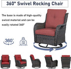 Luxury Wicker Swivel Patio Chairs Set of 3, Outdoor Swivel Rocking Chairs with Side Table, Outdoor Bistro Set for Patio, Porch, Yard, Deck, Poolside, Brown/Red