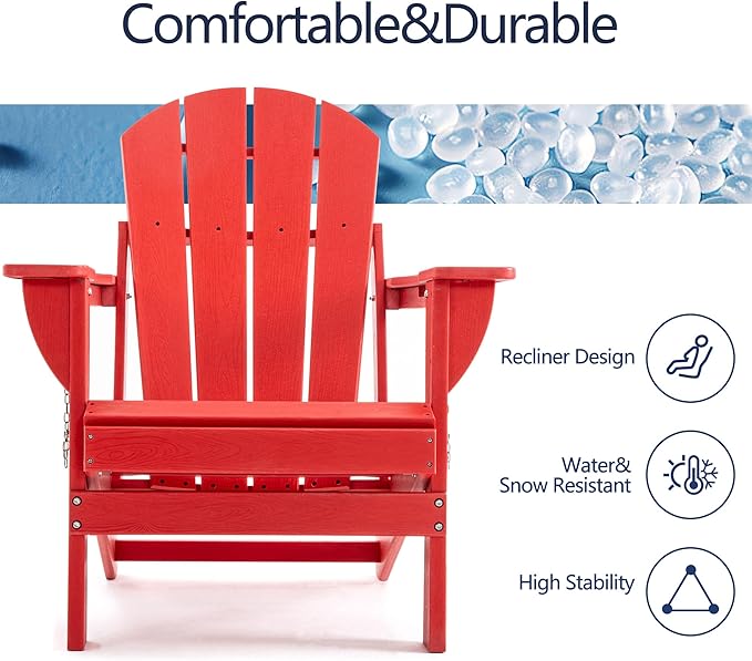 Folding Adirondack Chair, HDPE Outdoor Texture Lawn Chair with Reclining Back, Cup and Phone Holder - Comfortable Firepit Chair Weather Resistant for Patio or Backyard (Red, Set of 4)