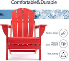 Folding Adirondack Chair, HDPE Outdoor Texture Lawn Chair with Reclining Back, Cup and Phone Holder - Comfortable Firepit Chair Weather Resistant for Patio or Backyard (Red, Set of 4)