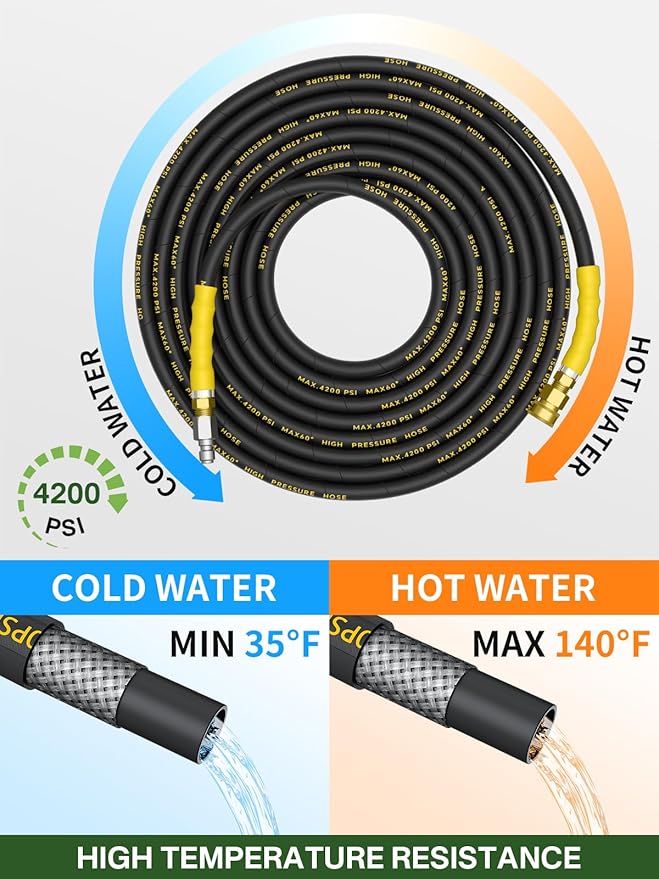 4200PSI Pressure Washer Hose 100FT with 3/8" Swivel Quick Connect for Cold/Hot Water, Kink Resistant Steel Wire Braided, Wear Resistant Power Washer Hose with 2 M22 14mm Adapter Set