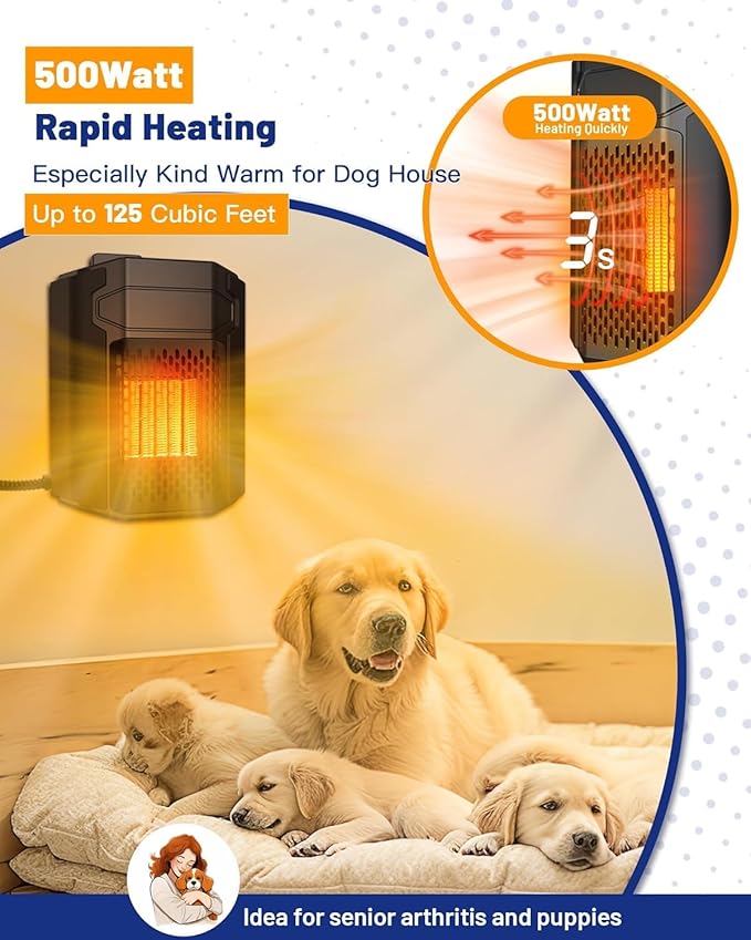 Kiroto Outdoor Dog House Heater With Thermosta - 500 Watt WiFi-Controlled with for Outside Dog House Outdoor with 2.03FT External Temperature Probe Pet Heater For Doghouse
