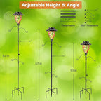 LUJII Solar Shepherds Hooks for Outdoors, Bird Feeder Pole with 4 Adjustable Hangers and 1 Flag Holder, Garden Stand for Hummingbird Feeders, Wind Chimes, Plant Baskets, Lanterns (Red)