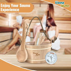6 Pcs Sauna Accessories Kit, Bucket and Ladle Set, Thermo-Hygrometer, Sauna Hourglass, Brush, Exfoliating Volcanic Rocks, Sauna Set, Wooden Sauna Bucket, 1 Gallon (4 L) Water Capacity, Handmade