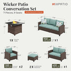 Patio Furniture Set, 7 Pcs Wicker Rattan Outdoor Conversation Set, 2 x Leg Chairs, 1 x 3 Seater Sofa, 1 x 2-Seat Lover Sofa and 2 x Ottomans with 4" Thick Cushion and 32" Fire Pit Table, Blue