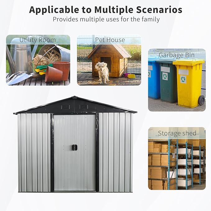 8ft 4ft Outdoor Metal Storage Shed with Sliding Door & Foundation – Durable, Weather -, Lockable for, Tools & Equipment (White + Black) (1 Doors)