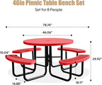 8-Person Picnic Tables for Outdoors, Industrial 46" Expanded Metal Round Picnic Table with 4 Benches & Umbrella Hole, Outside Table and Bench Set for Park, Garden, Backyard, Patio, Red