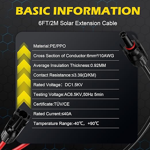 6Ft Solar Cable Solar ExtensionCable,10AWG Solar Panel Extension Cable with Female and Male Connectors,Waterproof SolarExtension Cable Kit (Red and Black).