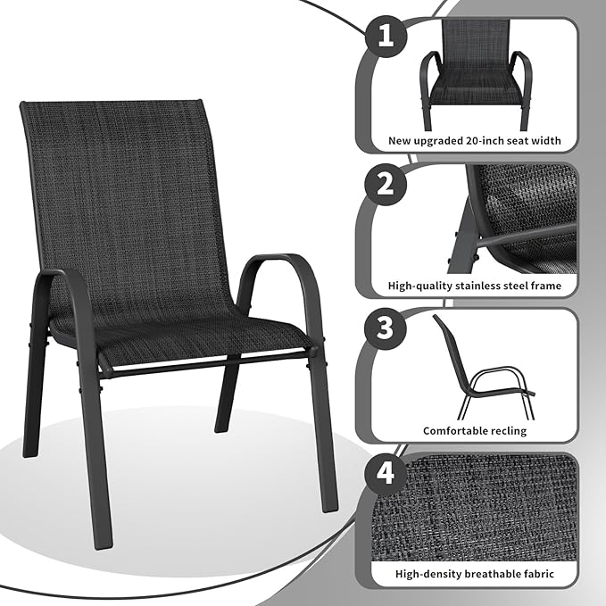 Patio Dining Chairs Set of 4, Stackable Dining Chairs High Back, Breathable Seat Fabric and Alloy Steel Frame Fit Backyard, Porch, Lawn，Poolside (Dark Grey)