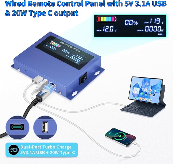 2000W Pure sine Wave Inverter 4000W (Peak) DC 12V to AC 110V/120V Converter with LCD Display Wireless/Wired Remote Control 3AC Outlets and 4USB for Camping RV Travel Off-Grid Solar Systems