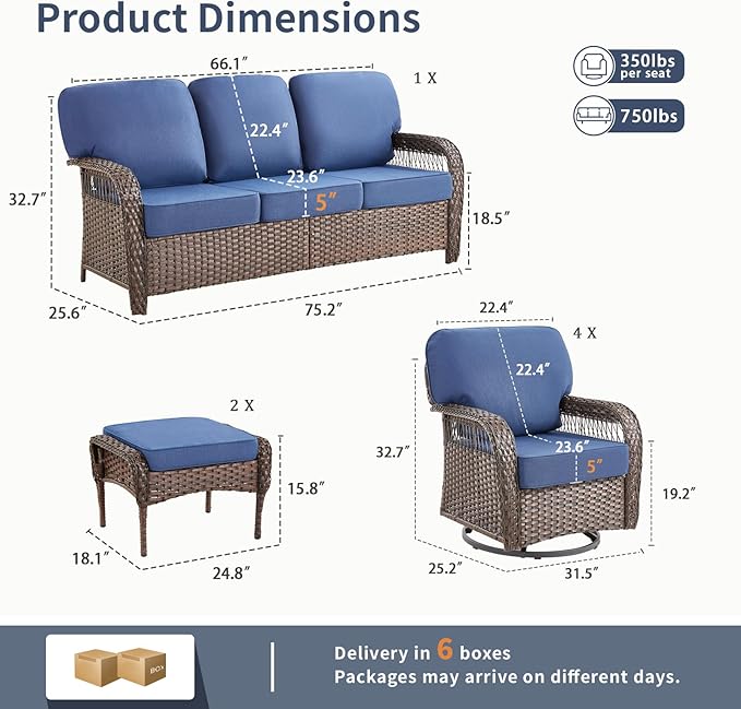 7 Pieces Patio Furniture Set Outdoor Sectional Sofa Couch with 4 Rocking Swivel Chairs 5" Deep Seat Chairs, Modern Wicker Rattan Conversation Set, Blue/Brown Wicker