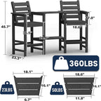 Tall Adirondack Chairs Set of 2, All Weather HDPE Poly Bar Height Balcony Adirondack Chair with Removable Double Connecting Trays, Outdoor Adirondack Barstools for Deck, Patio, Yard, Pool, Lawn