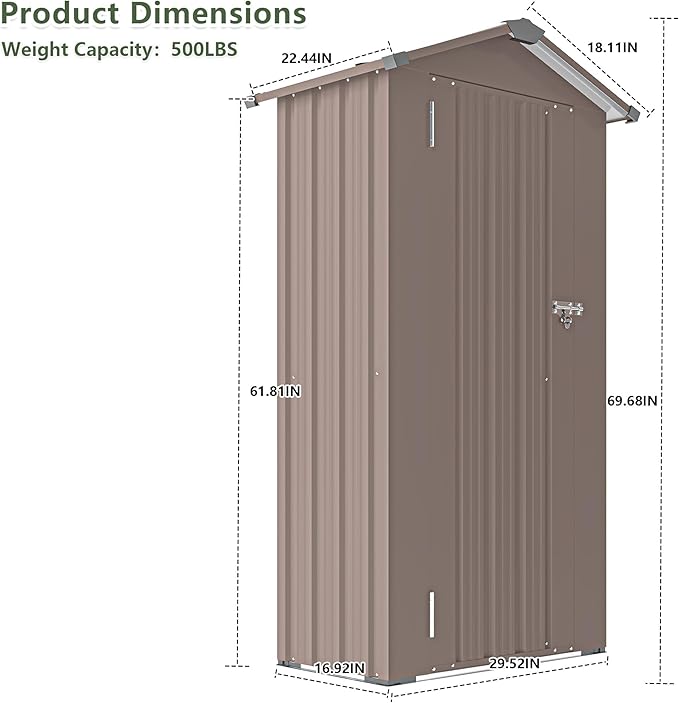 KEIKI Outdoor Storage Shed 2.5' x 1.4', Metal Tool Cabinet with Sloping Roof & Lockable Door, Small Top Tall Shed for Backyard, Garden, Patio, Lawn, Brown