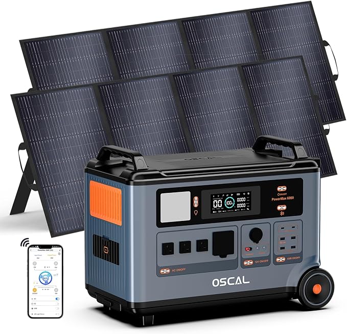 OSCAL 6000W Solar Generator Promax6000 with 2x400W Solar Panel,120V/240V Dual Voltage Portable Power Station,3600WH Lifepo4 Battery 14 Outlets,2200W 1.96H Fast Charge,for Home Backup,RV.