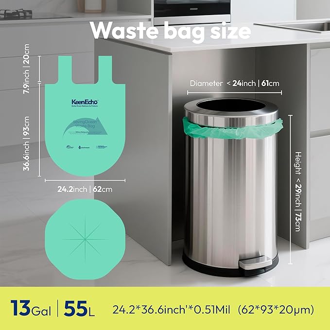 13 Gallon 80 Counts Small Green Trash Bags with Handle, Ocean Fishing Nets Upcycling, Sage & Sea Salt Scented, Plastic Garbage Bags, Waste Bag for Kitchen, Bathroom, Office and Pets