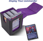 AFIING MTG Deck Box for Commander Display,Card Deck Box Fits 100 Double Sleeved Cards, Magic Commander TCG Card Storage Box with 2 Dividers,Drawstring Bag and 1 Toploader(Black/Purple)