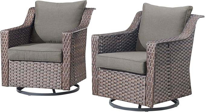 Outdoor Patio Wicker Swivel Chairs - Set of 2 Outside Resin Rattan Rocker Glider Gliding Chair Rocking Armchairs for Front Porch Balcony Backyard Yard Deck Poolside Apartment – Brown/Grey