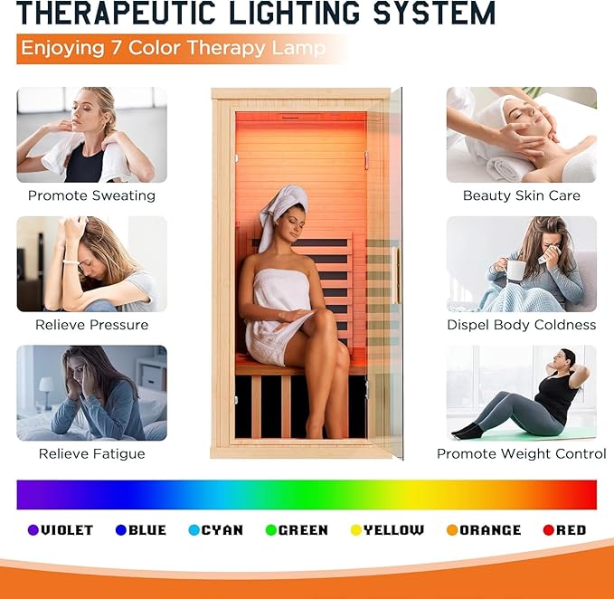 Albott Infrared Sauna 1 Person, Infrared Saunas for Home, 1260W/110V Hemlock Wood Dry Sauna with Foot Warmer, 7-Color Light Therapy, 2 Bluetooth Speakers & LCD Control Panel, 32.3"x32.3"x66.1"