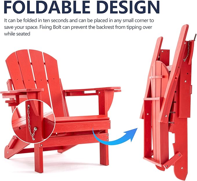 Folding Adirondack Chair, HDPE Outdoor Texture Lawn Chair with Reclining Back, Cup and Phone Holder - Comfortable Firepit Chair Weather Resistant for Patio or Backyard (Red, Set of 2)