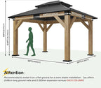 AMERLIFE 10x12 Wood Gazebo, Hardtop Gazebo with Spruce Frame and Aluminum Double Roof, Outdoor Pergola for Parties, Backyard, Patio, Lawns, Black + Natura Wood