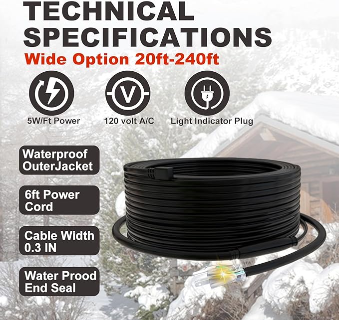 TDRD 160 feet Roof & Gutter Snow De-Icing Kit, 5W/ft Heat Tape for Roof and Gutters Ice Dam Prevention with 6 ft Power Cold