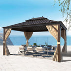 MELLCOM 10' x 12' Hardtop Gazebos, Brown Permanent Pavilion Gazebo with Curtains and Netting, Galvanized Steel Metal Double Roof with Aluminum Frame for Patio, Lawn & Garden