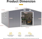 10×12 Ft Metal Shed Outdoor Storage with Two Daylight Windows, 0.25mm Galvanized Steel Metal Garden Shed Waterproof with Lockable Door for Backyard, Patio, Garden，Light Grey