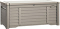 DWVO Large Deck Box 120 Gallon Waterproof Outdoor Storage Box, Extra Large Storage Bin, Resin Louvered Patio Storage for Pillows, Garden Tools & Pool Supplies, Lockable, Light Brown
