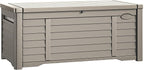 DWVO Large Deck Box 120 Gallon Waterproof Outdoor Storage Box, Extra Large Storage Bin, Resin Louvered Patio Storage for Pillows, Garden Tools & Pool Supplies, Lockable, Light Brown