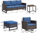 Rilyson Wicker Outdoor Patio Furniture Set - 6 Piece Patio Conversation Set with 2 Swivel Rocker Chairs,2 Rattan Ottoman,1 Couch and 1 Metal Side Table for Outside Porch Deck Backyard(Brown/Blue)