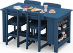 SERWALL Outdoor Bar Table and Chairs Set, 5-Piece HDPE Counter Height Patio Dining Sets with Storage and Wine Rack, Rectangular High Top Bar Table with 4 Bar Stools for Garden, Backyard, Blue