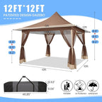 COBIZI 12x12 Pop up Canopy Gazebo on Clearance, Outdoor Canopy Tent with Mosquito Netting & Waterproof Roof & Sandbags & Carrying Bag,Patio Portable Gazebo for Garden,for Backyard,Brown