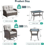 5 Piece Patio Furniture Set - Wicker Patio Conversation Set with Swivel Glider, Glider Loveseat, Tempered Glass Side Table and Coffee Table for Deck Backyard - Brown Wicker Beige Cushion