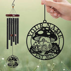 Personalized Customize Name Fantasy Mushroom Wonderland Wind Chime, Metal Iron 37 Inch Outdoor Memorial Gift for Garden Yard Patio Home Decor, Black (Style E)