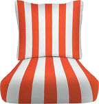 RSH DECOR: Deep Seating Cushion with Pillow Back | 23” x 26” Seat | All-Weather Spun Fabric | Water and Fade-Resistant | Outdoor Chair Cushion Set for Patio Furniture | Coral & White Stripe