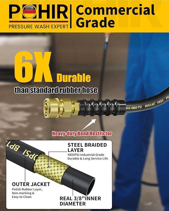 POHIR 3/8" Pressure Washer Hose 100ft 4800PSI, Power Washer Hose Steel Wire Braided with Swivel Quick Connect, Commercial Grade Industrial High Pressure Water Washing Hose (4800PSI, 100FT)