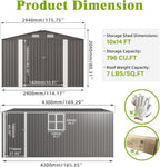 10x14 FT Outdoor Metal Storage Shed, Durable Garden Shed with Three Lockable Doors & Clear Window for Backyard, Patio, All-Weather Shelter for Bike, Gardening Tools, Lawn Mowers, Grey