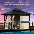 YOLENY 10' x 12' Gazebo with Galvanized Steel Roof, Double Roof with Anti-Rust Coating, Outdoor Gazebos with Curtains and Netting, Sunshade for Gardens, Lawns, Deck