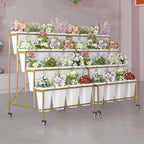 Flower Display Stand With 12PCS Buckets, 3 Layers Metal Plant Stand with Wheels, Heavy Duty Moving Plant Cart Shelf, for Indoor, Outdoor Patio Garden, Living Room, Florist (White - Square Bucket)