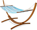 Lazy Daze Hammocks Cotton Fabric Spreader Bar Hammock and 10.5 Ft Wood Arc Hammock Stand Combo, for Indoor, Outdoor, Patio, Backyard, Blue and White