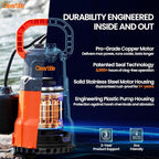 Cleartide Submersible Sump Pump with Tethered Float Switch, 1/2 HP Utility Water Pump, Electric Drain Pump Handles 3/8" Solids, 10 FT Cord