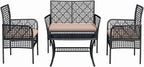 4-Piece Patio Furniture Set, Weather-Resistant Rattan Patio Conversation Set with Two-Tier Coffee Table, Upholstered Openwork Wicker Furniture for Porch, Garden, Lawn, Khaki