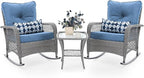 UDPATIO 3 Piece Patio Furniture Set, Wicker Rocking Bistro Set with 2 Rockers, 1 Side Table and 4‘’ Thick Cushions for Backyard, Porch, Balcony, Poolside, Grey/Blue