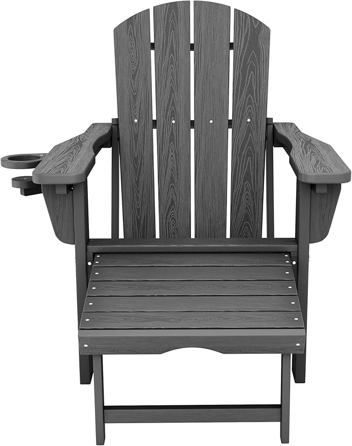 KINGYES Adjustable Folding Adirondack Chair with Footrest & 4-in-1 Multi-Functional Armrest Organizer Set of 4, HDPE Foldable Reclining Adirondack Chair with Pull-Out Ottoman, Grey