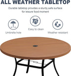 VICLLAX 50" Outdoor Round Patio Dining Table for 4-6, All Weather Metal Dining Table with Umbrella Hole for Deck Lawn Garden Backyard, Walnut
