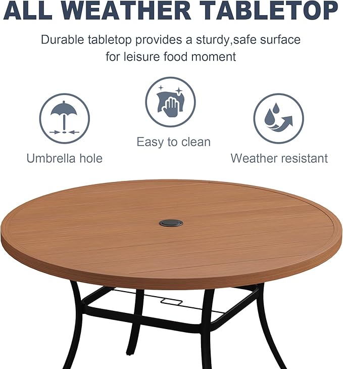 VICLLAX 50" Outdoor Round Patio Dining Table for 4-6, All Weather Metal Dining Table with Umbrella Hole for Deck Lawn Garden Backyard, Walnut