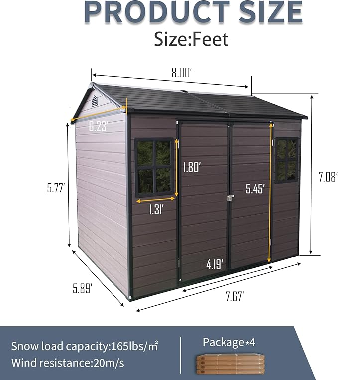 8x6 FT Resin Outdoor Storage Shed with Floor, Windows & Lockable Doors Waterproof All-Weather Garden Shed for Backyard, Patio, and Lawn Equipment Storage, Brown
