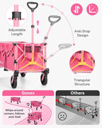 Gonex 38''L Collapsible Foldable Wagon Cart with 360lbs Weight Capacity, 220L Folding Utility Garden Cart with Detachable Wheels for Grocery Sports Shopping Camping - Pink