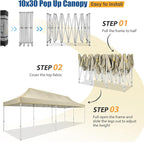 HOTEEL 10x30 Pop up Canopy Tent for Parties, Heavy Duty Easy Setup Tent Without Sidewalls, Outdoor Commercial Instant Gazebo for Wedding Event, with Portable Bag, Khaki(Hexagonal Frame)