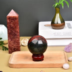 JIC Gem Small Crystal Sphere Ball Natural African Bloodstone Healing Crystal Ball with Decoation Stand for Fengshui Meditation Decoation (50-60mm)